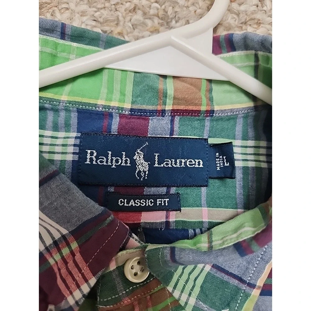 Ralph Lauren Shirt Men L Green Pink Multi Plaid Button Up Classic Fit Short Slee